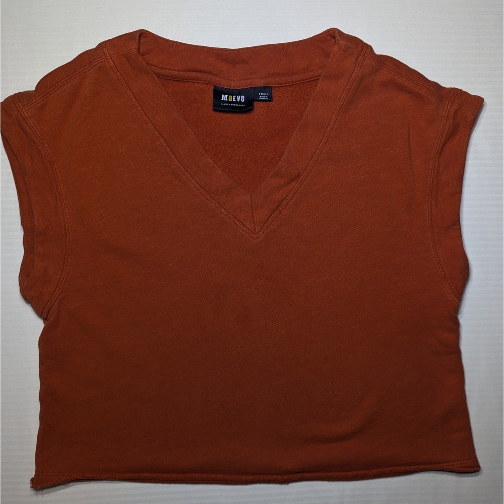 Maeve Anthropologie Sweatshirt Vest Womens Small S Rust Orange V-Neck Crop Top